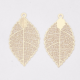 Honeyhandy Brass Pendants, Etched Metal Embellishments, Long-Lasting Plated, Leaf, Light Gold, 39x21.5x0.3mm, Hole: 1.6mm