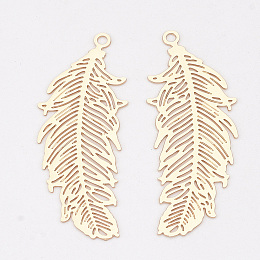 Honeyhandy Brass Pendants, Etched Metal Embellishments, Lead Free & Nickel Free, Long-Lasting Plated, Feather, Light Gold, 33.5x13x0.3mm, Hole: 1.4mm