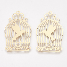 Honeyhandy Brass Pendants, Etched Metal Embellishments, Birdcage, Light Gold, 35x21x0.3mm, Hole: 1.6mm