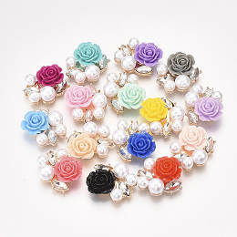 Alloy Rhinestone Cabochons, with Resin and ABS Plastic Imitation Pearl, Flower, Light Gold, Crystal, Mixed Color, 23x24.5x8~9mm