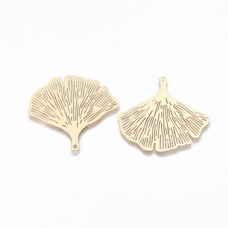 Honeyhandy Brass Pendants, Etched Metal Embellishments, Ginkgo Leaf, Light Gold, 30x33x0.3mm, Hole: 1.4mm