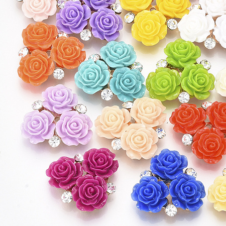 Honeyhandy Resin Cabochons, with Light Gold Plated Alloy and Crystal Rhinestone, Flower, Mixed Color, 27~29x27~28x9.5mm