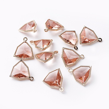 ARRICRAFT Glass Pendants, with Eco-Friendly Alloy Open Back Berzel Findings, Faceted, Triangle, Light Gold, Misty Rose, 17x14.5x7mm, Hole: 1.2mm