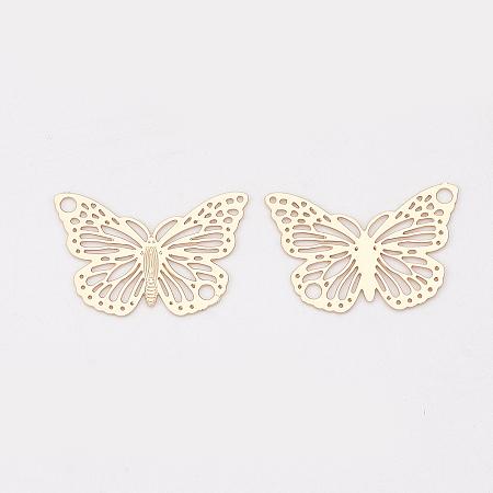 Arricraft Brass Links/Connectors, Etched Metal Embellishments, Long-Lasting Plated, Butterfly, Golden, 13x19x0.3mm, Hole: 1.4mm