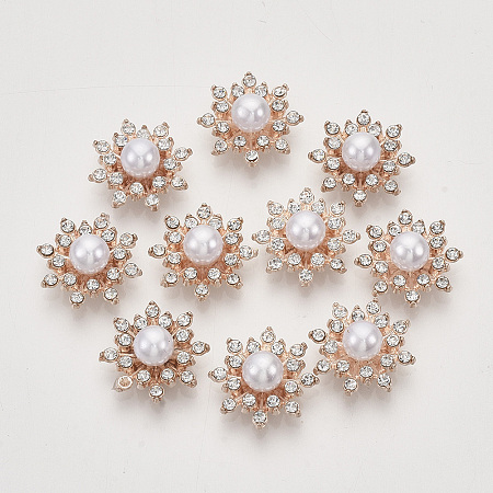 Honeyhandy Alloy Rhinestone Cabochons, with ABS Plastic Imitation Pearl, Flower, Crystal, Light Gold, 16x8mm
