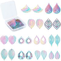 SUNNYCLUE 1 Box 24Pcs 12 Styles Filigree Charms Bulk Colorful Teardrop Metal Pendants Stainless Steel Hollow Leaf Waterdrop Charm Etched Metal Embellishments for Jewelry Making Crafts Supplies