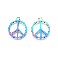 Honeyhandy Rack Plating Alloy Pendants, Ring with Peace Sign, Rainbow Color, 25x21x1.5mm, Hole: 2.3mm