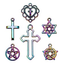 Arricraft 24Pcs 6 Style Rainbow Color Alloy Pendants, Cadmium Free & Nickel Free & Lead Free, Cross, Star of David, Ring, Heart with Cross, Pentacle, Multi-color, 19~38x14~22x1.5~3mm, Hole: 1.4~3mm, 4pcs/style