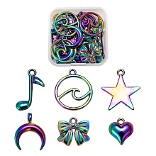 Arricraft 24Pcs 6 Style Alloy Pendants, Cadmium Free & Nickel Free & Lead Free, Star & Musical Note & Double Horn/Crescent Moon & Flat Round & Heart & Bowknot, Multi-color, 13~24x11~20.5x1.5~5mm, Hole: 1.8~3.5mm, 4pcs/style