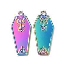 Honeyhandy Ion Plating(IP) Halloween 304 Stainless Steel Pendants, Coffin with Spider Charm, Rainbow Color, 32x14x2mm, Hole: 2.5mm