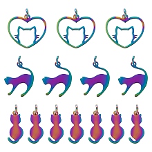 Arricraft 18Pcs 3 Style Rainbow Color Ion Plating(IP) 201 Stainless Steel Kitten Pendants, with Jump Rings, Cat Shape & Heart, Multi-color, 17~17.5x8~20x1mm, Jump Ring: 5x0.8mm, Inner Diameter: 3mm, 6pcs/style