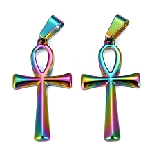 Honeyhandy Ion Plating(IP) 304 Stainless Steel Pendants, for Jewelry Making, Ankh Cross, Rainbow Color, 30x16x2mm, Hole: 4.5x7mm