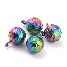 Honeyhandy Ion Plating(IP) 304 Stainless Steel Charms, Round, Textured, Rainbow Color, 9x6mm, Hole: 1.8mm