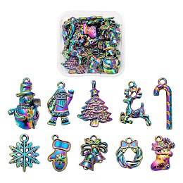 Arricraft 20Pcs/Box 10 Style Rainbow Color Alloy Pendants, Cadmium Free & Nickel Free & Lead Free, Father Christmas, Glove, Garland, Christmas Reindeer/Stag & Trees & Candy Cane & Snowflake & Bell & Stocking & Snowman, Multi-color, 16~27x9~17.5x2~4mm, Hole: 1.4~2mm, 2pcs/style