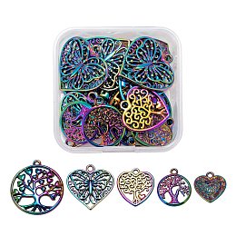 Arricraft 20Pcs 5 Style Alloy Pendants, Cadmium Free & Nickel Free & Lead Free, Tree of life, Heart & Flat Round, Multi-color, 15.5~27x15~24.5x2~3mm, Hole: 1.4~2mm, 4pcs/style