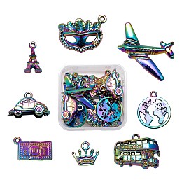 Arricraft 16Pcs 8 Style Alloy Pendants, Cadmium Free & Nickel Free & Lead Free, Bus & Plane & Flat Round & Iron Tower & Crown & Paper Currency & Masquerade Mask & Car, Multi-color, 13~27x8.5~24.5x1~5mm, Hole: 1.5~2mm, 2pcs/style