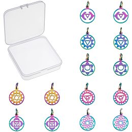 SUNNYCLUE 1 Box 7 Styles Chakra Charms Colorful Lotus Flower of Life Pendants Flat Round Hollow Stainless Steel Hexagram Charms for DIY Jewelry Making Bracelets Supplies