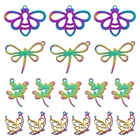 Arricraft 16Pcs 4 Style Ion Plating(IP) 201 Stainless Steel Pendants, Laser Cut, Rainbow Color, Dragonfly & Butterfly & Bees, Multi-color, 15~24x11.5~24.5x1mm, Hole: 1.2~1.4mm, 4pcs/style