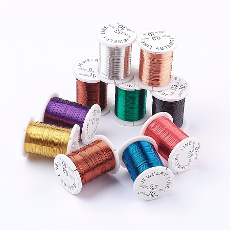 Honeyhandy Round Copper Jewelry Wire, Nickel Free, Mixed Color, 0.3mm, about 32.8 Feet(10m)/roll, 10 rolls/batch