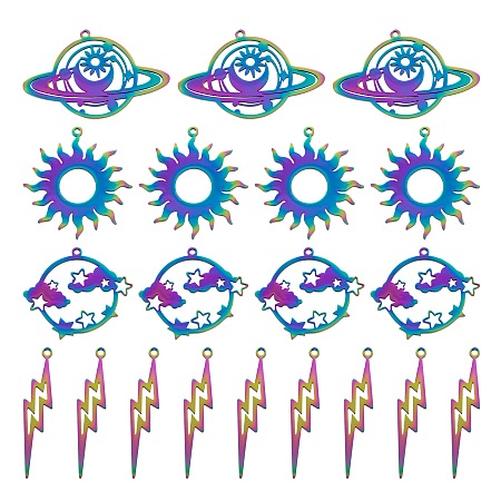 Arricraft 8Pcs 4 Style Ion Plating(IP) 201 Stainless Steel Pendants, Laser Cut, Sun & Planet & Lightning & Planet with Star & Cloud, Multi-color, 25.5~38x8.5~40x1mm, Hole: 1.4~1.6mm, 2pcs/style
