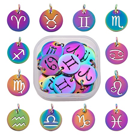 Arricraft 24Pcs 12 Style Rainbow Color Plated Ion Plating(IP) 201 Stainless Steel Charms, with Jump Rings, Laser Cut, Flat Round with Constellation, Multi-color, 12x1mm, Jump Ring: 5x0.8mm, Inner Diameter: 3mm, 2pcs/style