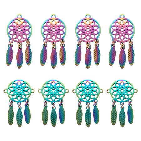 Arricraft DIY Jewelry Making Kits, Including 10Pcs 2 Style Rainbow Color Ion Plating(IP) 201 Stainless Steel Pendants & Links, Woven Net/Web with Feather, Multi-color, 32x14x1mm, Hole: 1.5mm, 29.5x18x1mm, Hole: 1.4mm, 5pcs/style