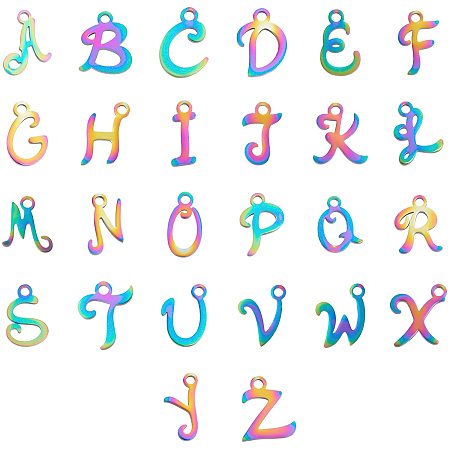 UNICRAFTALE 26pcs Rainbow Color Letter Pendants ABC Charms Stainless Steel Hypoallergenic Pendants for DIY Jewelry Making Golden 1.6mm Hole