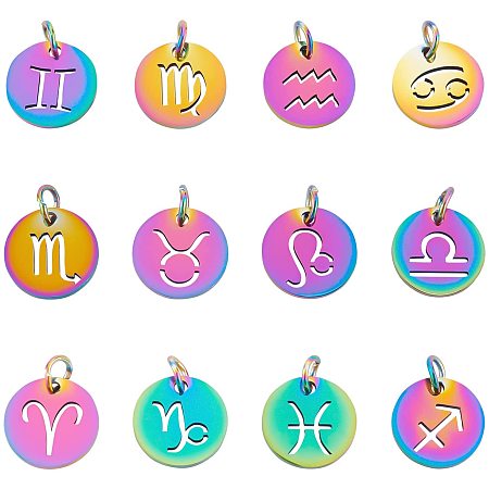 UNICRAFTALE 24Pcs Rainbow Color 12 Constellations Charm 201 Stainless Steel Zodiac Sign Pendants with Jump Rings Flat Round with Constellation Pendant for DIY Earrings Necklaces Bracelets Jewelry