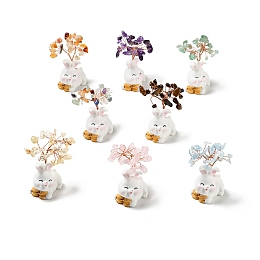 Honeyhandy Natural Gemstone Tree Display Decorations, Resin Rabbit Base Feng Shui Ornament for Wealth, Luck, Rose Gold, 26x42~49x62~64mm