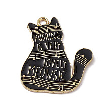 Honeyhandy Music Theme Charm, Alloy Enamel Pendants, Cat with Music Scores and Word, Golden, Black, 28x22.5x1.2mm, Hole: 2mm