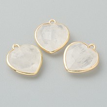 Honeyhandy Natural Quartz Crystal Pendants, with Golden Brass Edge, Faceted, Heart, 19x16.5x6~6.5mm, Hole: 1.6mm