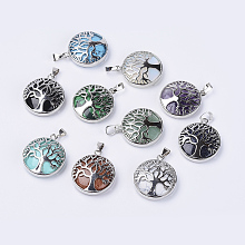 Honeyhandy Natural & Synthetic Mixed Stone Pendants, with Platinum Plated Brass Findings, Flat Round with Tree of Life, 31x27x8mm, Hole: 3.5x7mm