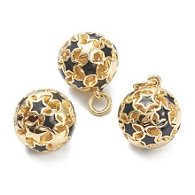 Honeyhandy Brass Enamel Charms, with Jump Ring, Real 18K Gold Plated, Long-Lasting Plated, Round with Star, Black, 14.5x12.5mm, Jump Ring: 5x1mm, Hole: 3mm