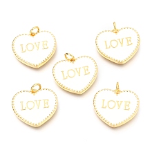 Honeyhandy Brass Enamel Pendants, Long-Lasting Plated, Real 18K Gold Plated, with Jump Rings, for Valentine's Day, Heart with Word LOVE, White, 17.5x20x2.5mm, Hole: 3mm