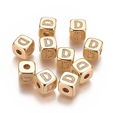 Honeyhandy Brass Micro Pave Cubic Zirconia Beads, Horizontal Hole, Real 18K Gold Plated, Long-Lasting Plated, Cube with Letter, Clear, Letter.D, 9x9x9mm, Hole: 3.5mm