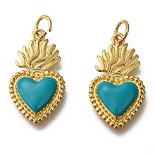 Honeyhandy Golden Tone Brass Enamel Pendants, with Jump Rings, Long-Lasting Plated, Heart, Dark Cyan, 22x12x3mm, Hole: 3.5mm