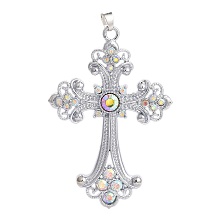 Honeyhandy Alloy Rhinestone Big Pendants, Cross, Crystal AB, Platinum, 75x50x7mm, Hole: 7x5mm