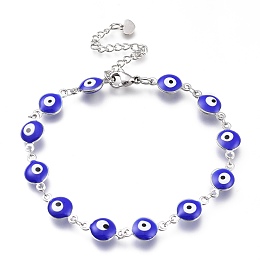 Honeyhandy 304 Stainless Steel Link Bracelets, with Enamel and Lobster Claw Clasps, Evil Eye, Stainless Steel Color, Blue, 8-1/8 inch(20.5cm), Eye: 14x8x3mm