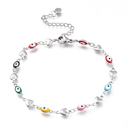 Honeyhandy 304 Stainless Steel Link Bracelets, with Enamel and Lobster Claw Clasps, Evil Eye & Heart, Stainless Steel Color, Colorful, 8-1/4 inch(21cm), Eye: 11x4x2.5mm