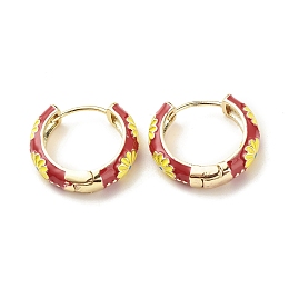 Honeyhandy Daisy Flower Enamel Hoop Earrings, Gold Plated Brass Hinged Earrings for Women, Dark Red, 20x22x5mm, Pin: 0.9mm