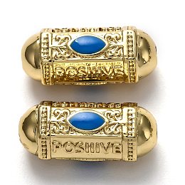 Honeyhandy Brass Enamel Beads, Long-Lasting Plated, Real 18K Gold Plated, Oval & Word, Blue, 19x9x9mm, Hole: 2mm