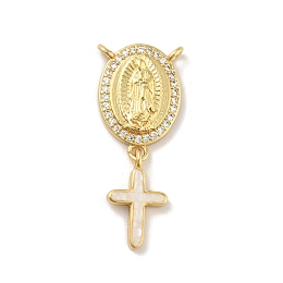 Honeyhandy Brass Charms, with Shell, Cadmium Free & Lead Free, Long-Lasting Plated, Oval with Saint & Cross, Real 18K Gold Plated, White, 30mm, Hole: 1.5mm