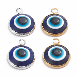 Honeyhandy Resin Pendants, with 304 Stainlesss Steel Settings, Evil Eye, Black & Blue, Mixed Color, 19.5x16x5.5mm, Hole: 2.4mm