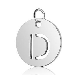 Honeyhandy 304 Stainless Steel Charms, Flat Round with Letter, Stainless Steel Color, Letter.D, 12x1mm, Hole: 2.5mm