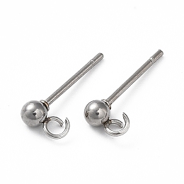 Honeyhandy 304 Stainless Steel Ball Post Stud Earring Findings, with Loop and 316 Surgical Stainless Steel Pin, Stainless Steel Color, 17x9x6mm, Hole: 1.8mm, Pin: 0.8mm