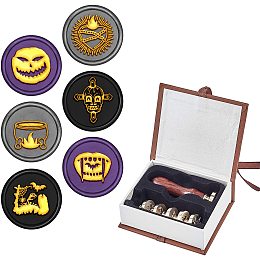 CRASPIRE Wax Seal Stamp Set 6PCS Halloween Wax Sealing Stamps Heads with Wood Handle Removable 25mm Retro Brass Seal Heads for Halloween Wedding Invitation Gift Wrap(Bat+Pumpkin+Grimace+ Cross)