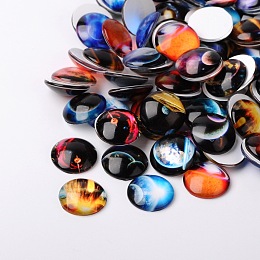 Honeyhandy Starry Sky Printed Glass Half Round/Dome Cabochons, Mixed Color, 25x7mm