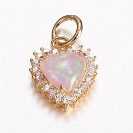 Honeyhandy Brass Micro Pave Cubic Zirconia Charms, with Synthetic Opal, Heart, Golden, Pearl Pink, 14x11.5x5mm, Hole: 4mm