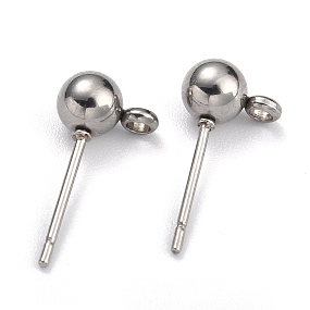Honeyhandy 304 Stainless Steel Ball Post Stud Earring Findings, with Loop and 316 Surgical Stainless Steel Pin, Stainless Steel Color, 16x8x5mm, Hole: 1.6mm, Pin: 0.8mm