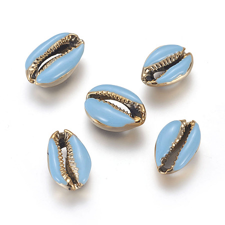 Electroplated Cowrie Shell Beads, with Enamel, Undrilled/No Hole Beads, Golden, Light Sky Blue, 18~22x13~15x7~8mm